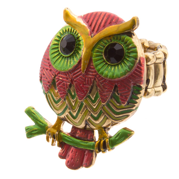 Wholesale gold toned stretch band ring bright colorful owl inches